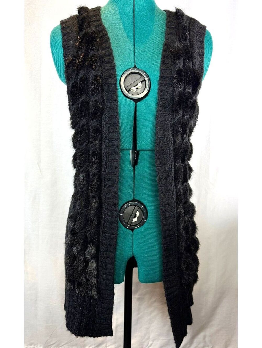 Caché Size S Black Faux Fur Long Knit Vest Open Front Y2K